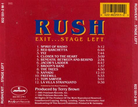 A video release with the same name, with slightly different content, was released in 1982 on vhs and later on laserdisc, and in 2007 on dvd. RUSH: Exit...Stage Left CD W. GERMANY original AAD ...