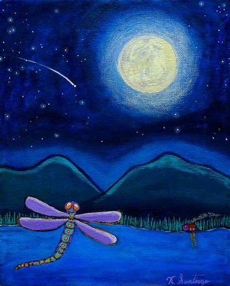 Dragonfly With Full Moon Over Adirondack Lake Painting By Santiago Ken