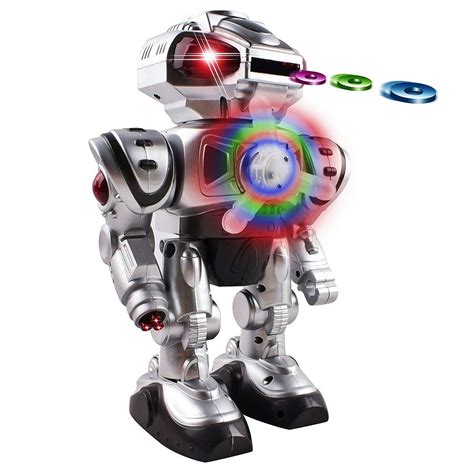 Super Android Toy Robot With Disc Shooting Walking Flashing Lights And