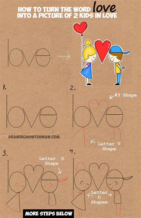How To Draw Cartoon Kids In Love From The Word Love In