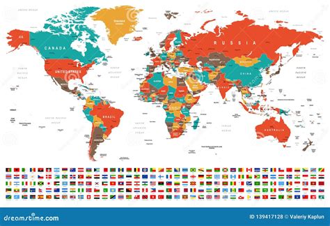 World Map And Flags Borders Countries And Cities Illustration Stock