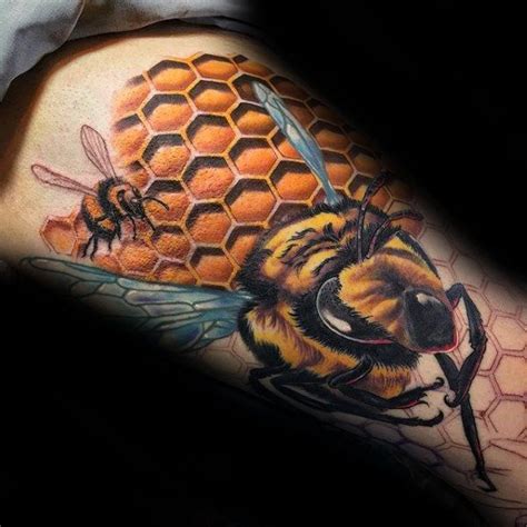 3d Mens Flying Bee Honeycomb Thigh Tattoos Insect Tattoo Bee Tattoo