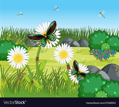 Many Butterflies With Flowers In Garden Royalty Free Vector