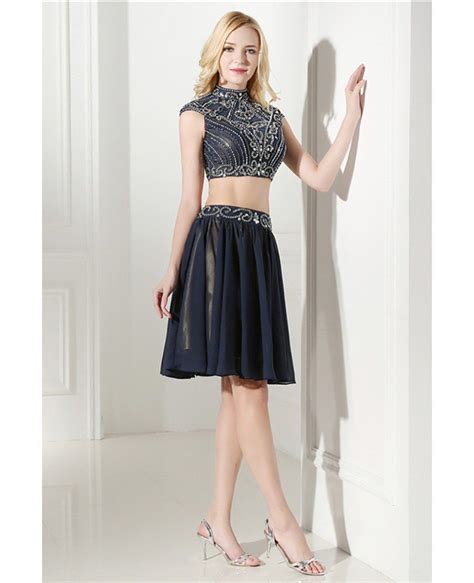 Modest Two Piece Short Prom Dress Navy Blue With Beading Top H76133