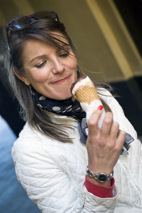Woman Licking Ice Cream Cone Stock Image Image Of Caucasian Hair 52217871