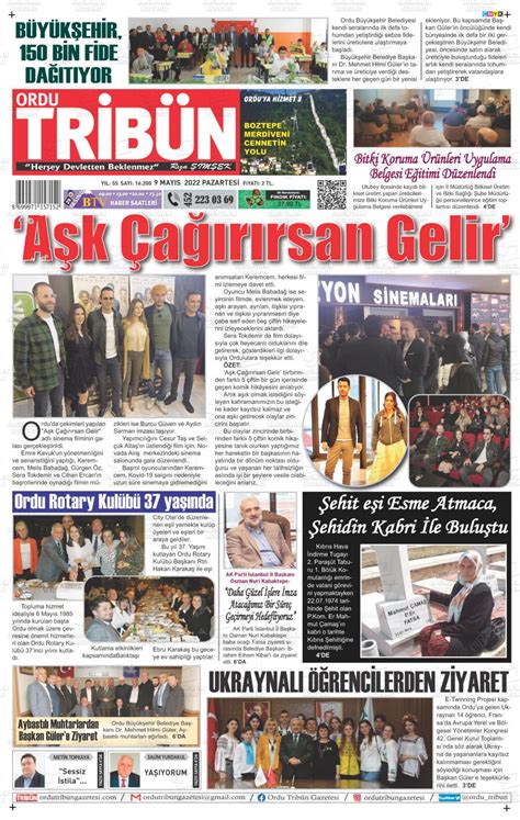 09 Mayıs 2022 tarihli Ordu Tribün Gazete Manşetleri