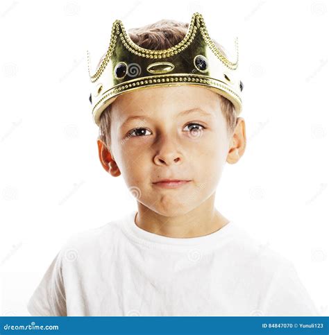 Little Cute Boy Wearing Crown Isolated Close Up On White Stock Photo
