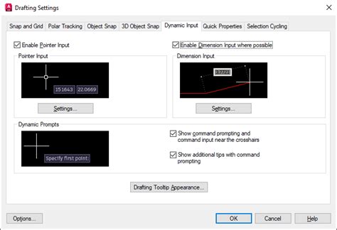 Dynamic Input Tab Drafting Settings Dialog Box Autocad 2023