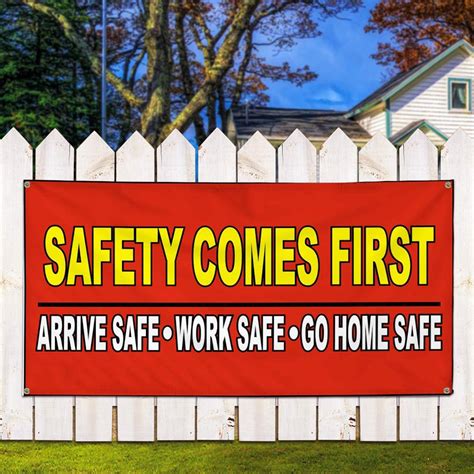 Store Signs Set Of 2 Vinyl Banner Sign Safety Comes First Red Yellow