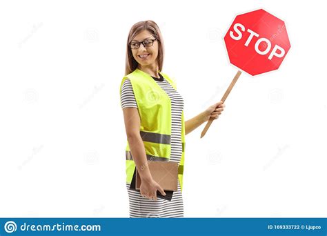 Woman With Safety Vest And Stop Looking Backwards Stock Photo Image