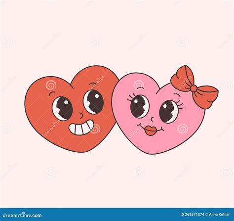 Trendy Retro Cartoon Heart Characters Love Couple Groovy Style Vintage 70s 60s Aesthetics