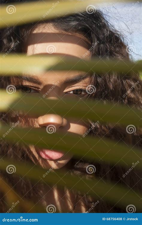 Young Lady Hiding In Shock Behind Leaves Stock Photo Image Of Forest