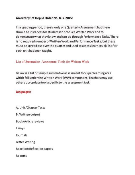 List Of Summative Assessment Tools For Written Work An Excerpt Of Dep