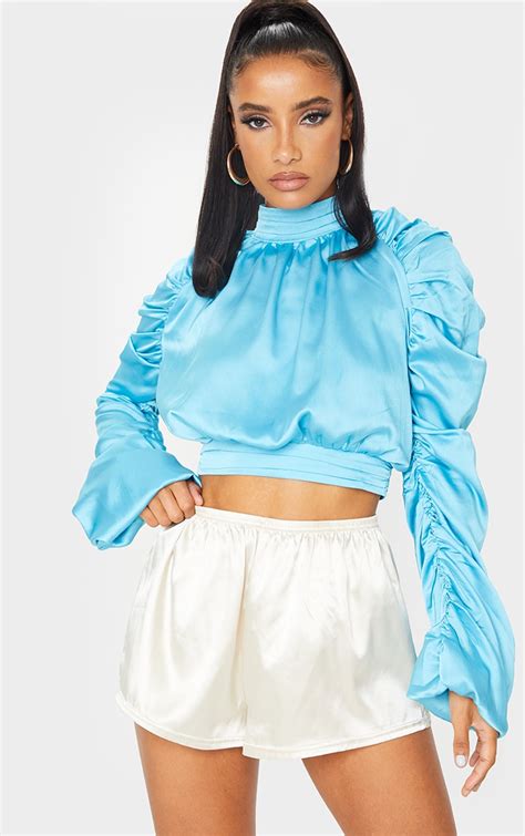 Aqua Satin Ruched Sleeve Crop Top Prettylittlething