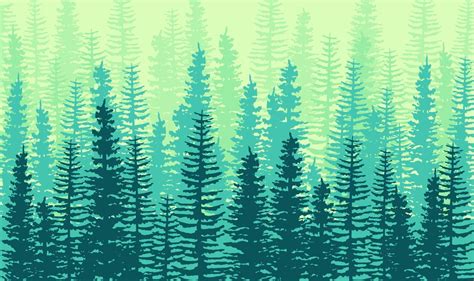 Green Mist Pine Tree Forest Horizontal Seamless Flat Design In Shades