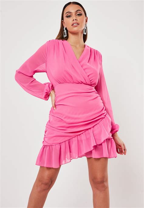 Hot Pink Wrap Ruffle Tea Dress Missguided