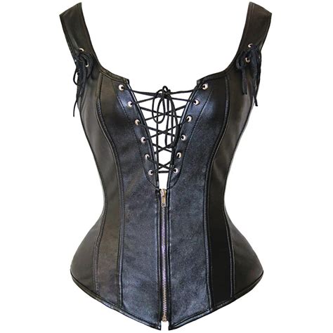 Black Strapped Leather Corset Lace Up Top Sexy Bustier Deep V Neck Bustino Waist Trainer