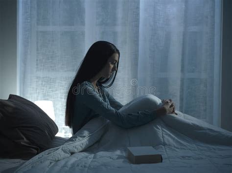 Sad Woman Suffering From Insomnia In Her Bed Stock Image Image Of