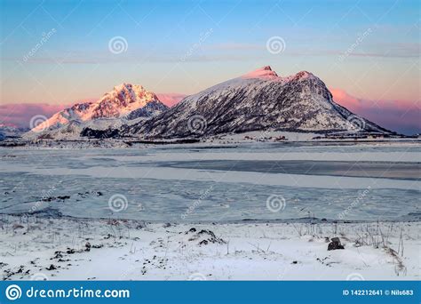 Sunrise At Frozen Fjord On The Lofoten Islands Stock Image Image Of