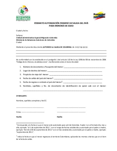 Pdf Formato AutorizaciÓn Permiso De Salida Del PaÍs Para Menores De