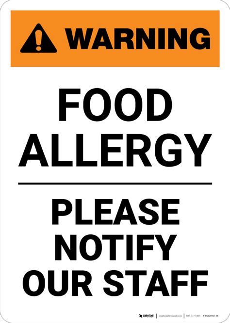 Warning Food Allergy Please Notify Our Staff Portrait Wall Sign