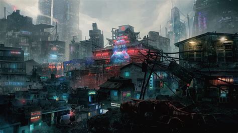 Cyberpunk City Futuristic Neon Lights Buildings Aircrafts Fantasy