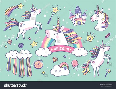 Set Cute Unicorns Magical Elements Stock Vector Royalty Free
