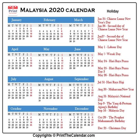 Malaysia Calendar 2020 With Malaysia Public Holidays