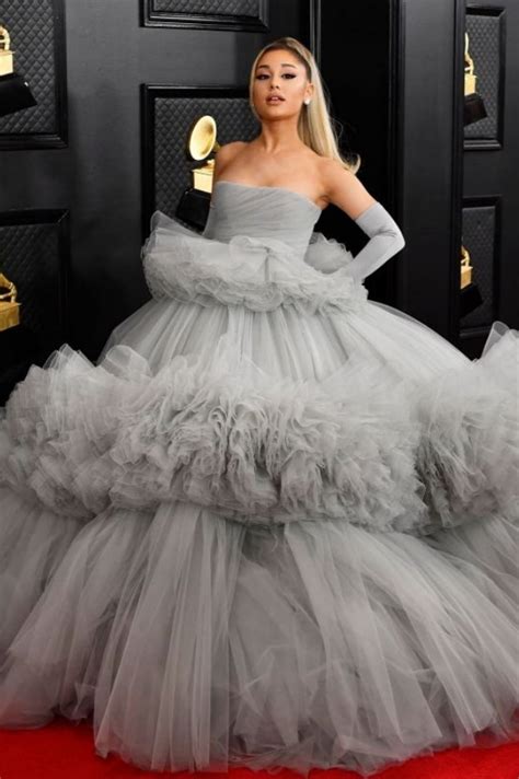Her dress and veil paid homage to the bridal outfit audrey hepburn wore in funny face. ariana grande channeled audrey hepburn on her wedding day. Ariana Grande Grey Layered Tulle Ball Gown Dress Grammys ...