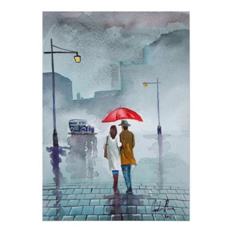 Rainy Day Romantic Couple Red Umbrella Painting Poster