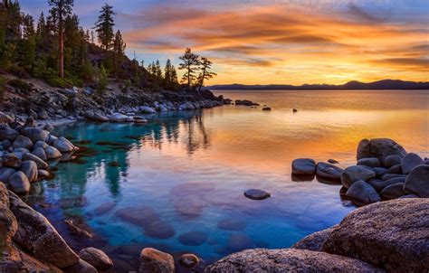 Wallpaper Sunset Lake Stones California Nevada Lake Lake Tahoe