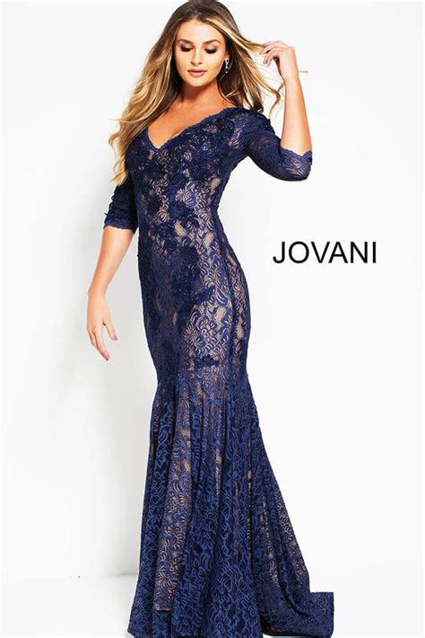 Jovani Navy Embellished Lace Long Sleeve Formal Gown