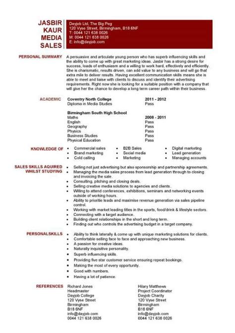 South african cv and interview advice. Student entry level Media Sales resume template