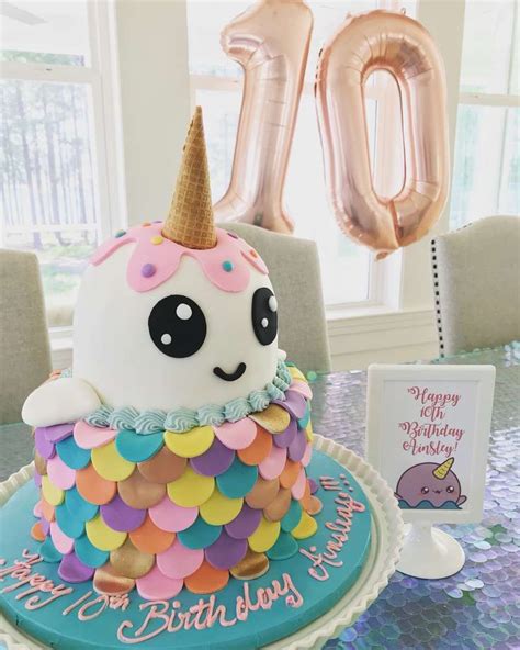 A Birthday Cake With An Unicorn Face On Top And Balloons In The