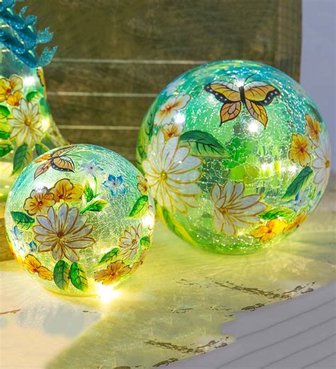 Butterfly Floral Crackle Glass Lighted Globes Set Of 2 Plow And Hearth