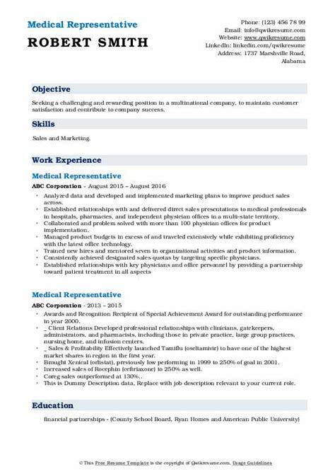 You can change a some of the words and add some of your own to match it with your own set of skills and qualifications. Medical Representative Resume Samples | QwikResume