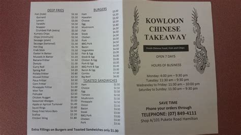 Menu At Kowloon Takeaways Restaurant Hamilton