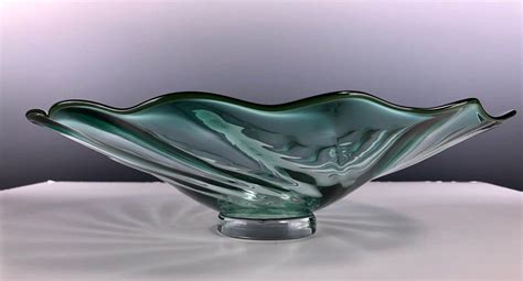 Vintage Hand Blown Centerpiece Glass Bowl Signed Crysophia Aqua Color