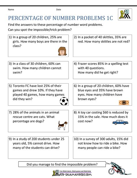 Percents Of Numbers Word Problems Worksheet