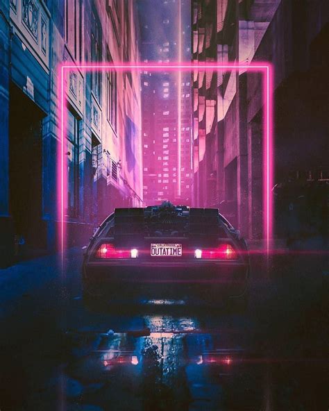 D Synthwave New Retrowave Car Outatime Delorean Pink Neon Light In The City Synthwave Neon