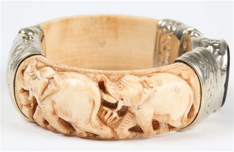 Antique Carved Ivory And Onyx Bracelet Embossed Metal Hinged And Pin