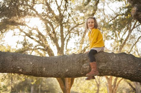 Girl Sitting On Tree Branch In Park Stock Photo