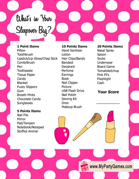 Free Printable Whats In Your Sleepover Bag Slumber Party Game For Girls