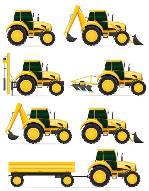 Set Icons Yellow Tractors Vector Illustration Premium Vector