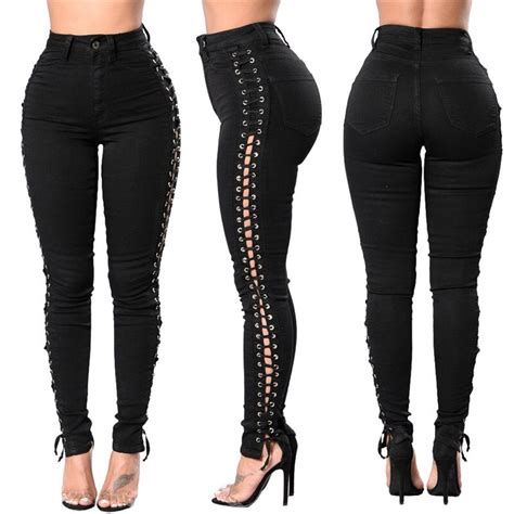 Wkoud Women Black Hollow Out Denim Pants Fashion Side Bandage Jeans Sexy Club Solid Trousers