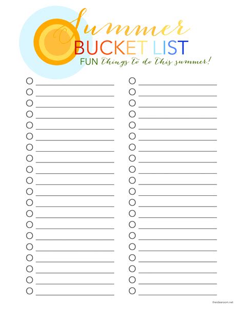 Free Printable Summer Bucket List Template