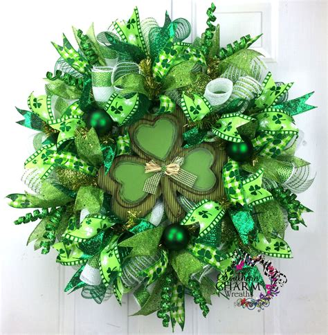 Deco Mesh St Patricks Day Wreath St Patricks Day Decor Shamrock Wreath Green White Lime