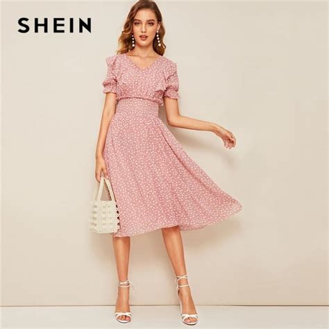 Shein Pink Ruffle Trim Puff Sleeve Shirred Waist Summer Boho Dress 2019 Fit And Flare Dress