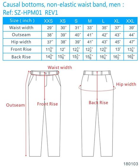 Mens Pant Sizes Chart