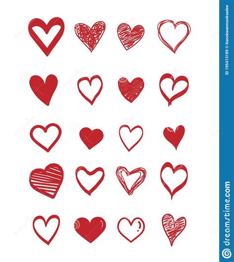 Set Of Scribble Red Hearts Icon Collection Of Heart Shapes Draw The